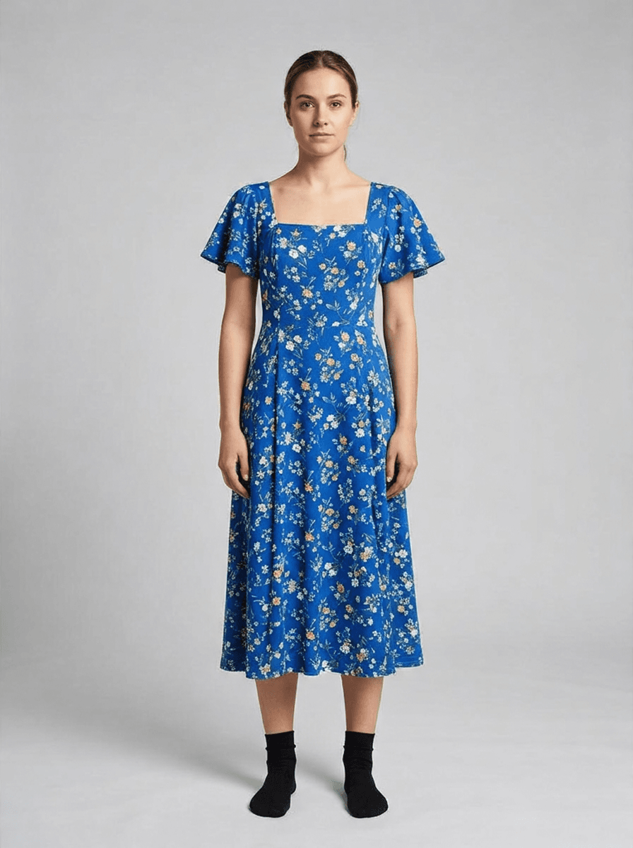 Virtual try-on result: a blue floral midi dress fitted onto a model photo with Google Virtual Try-On