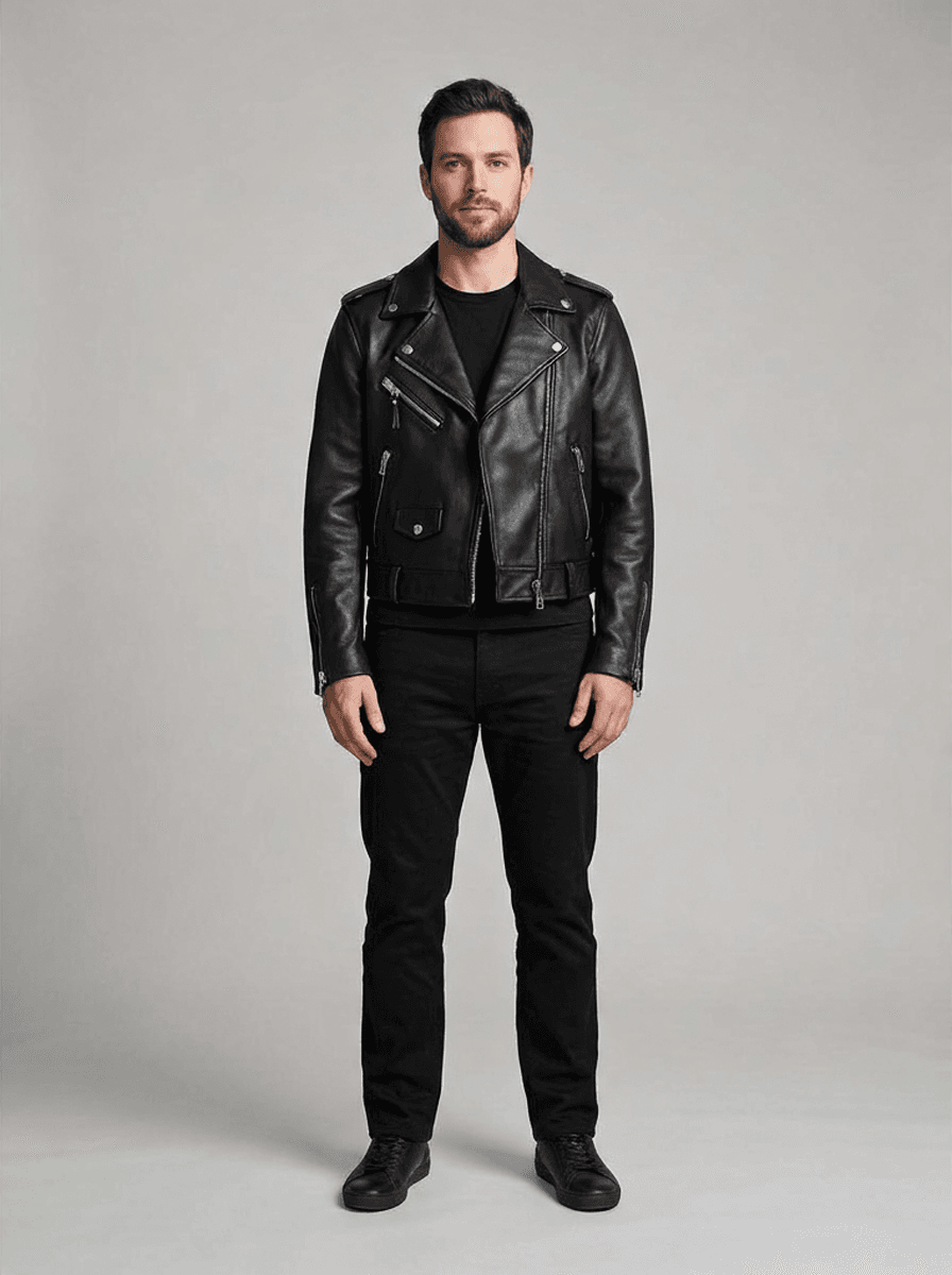 Virtual try-on result: a black leather biker jacket fitted onto a model photo with Google Virtual Try-On
