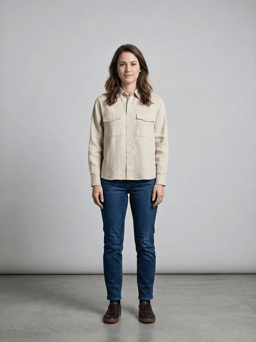 Virtual try-on result: an oversized beige linen shirt fitted onto a model photo with Google Virtual Try-On