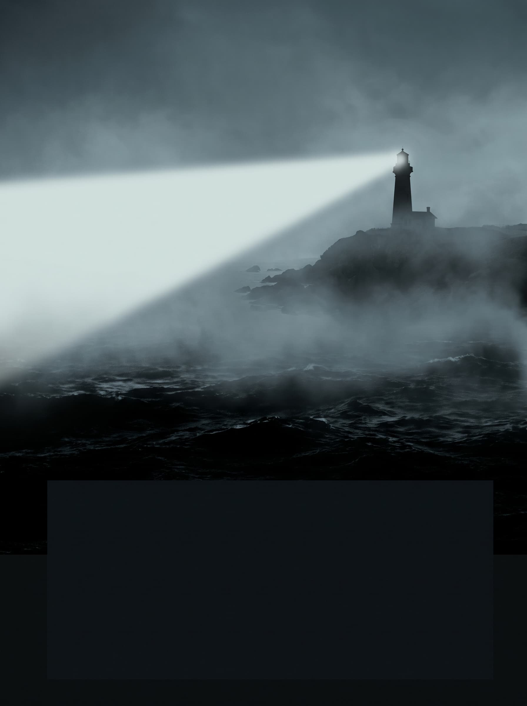 Thriller book cover concept of a lighthouse beam cutting through fog over black water
