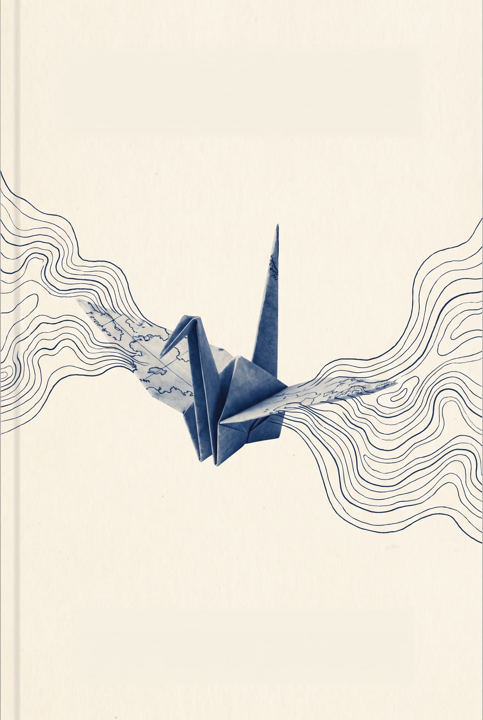 Literary fiction cover concept of an origami crane unfolding into a map