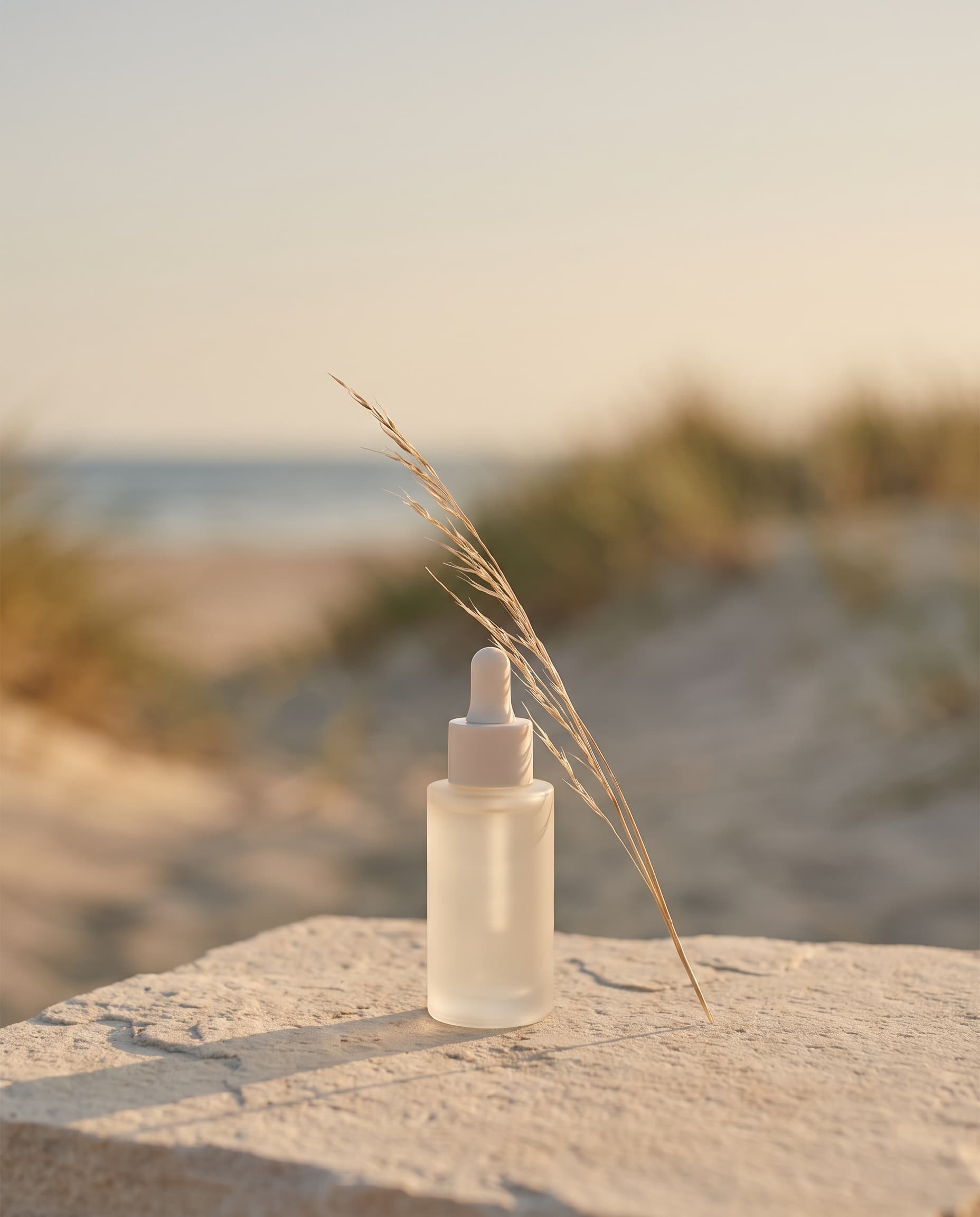 Unbranded serum bottle on pale coastal stone with clear space above for a headline