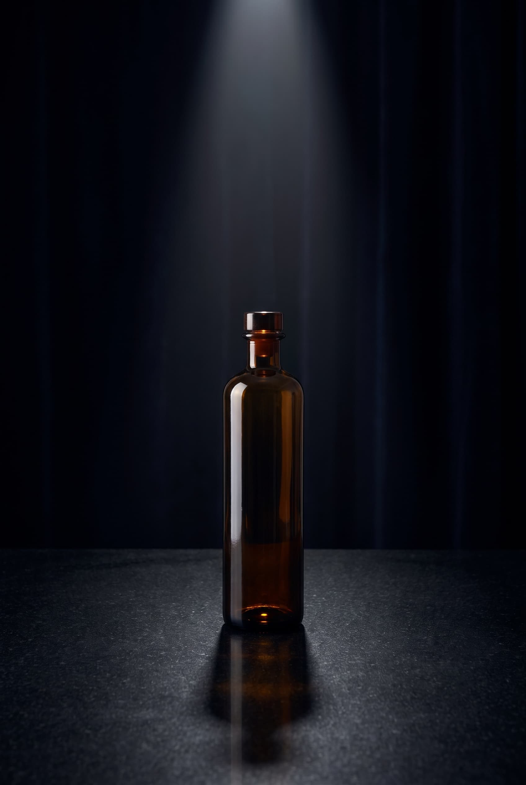 Unbranded dark glass bottle on polished black stone under a single dramatic light