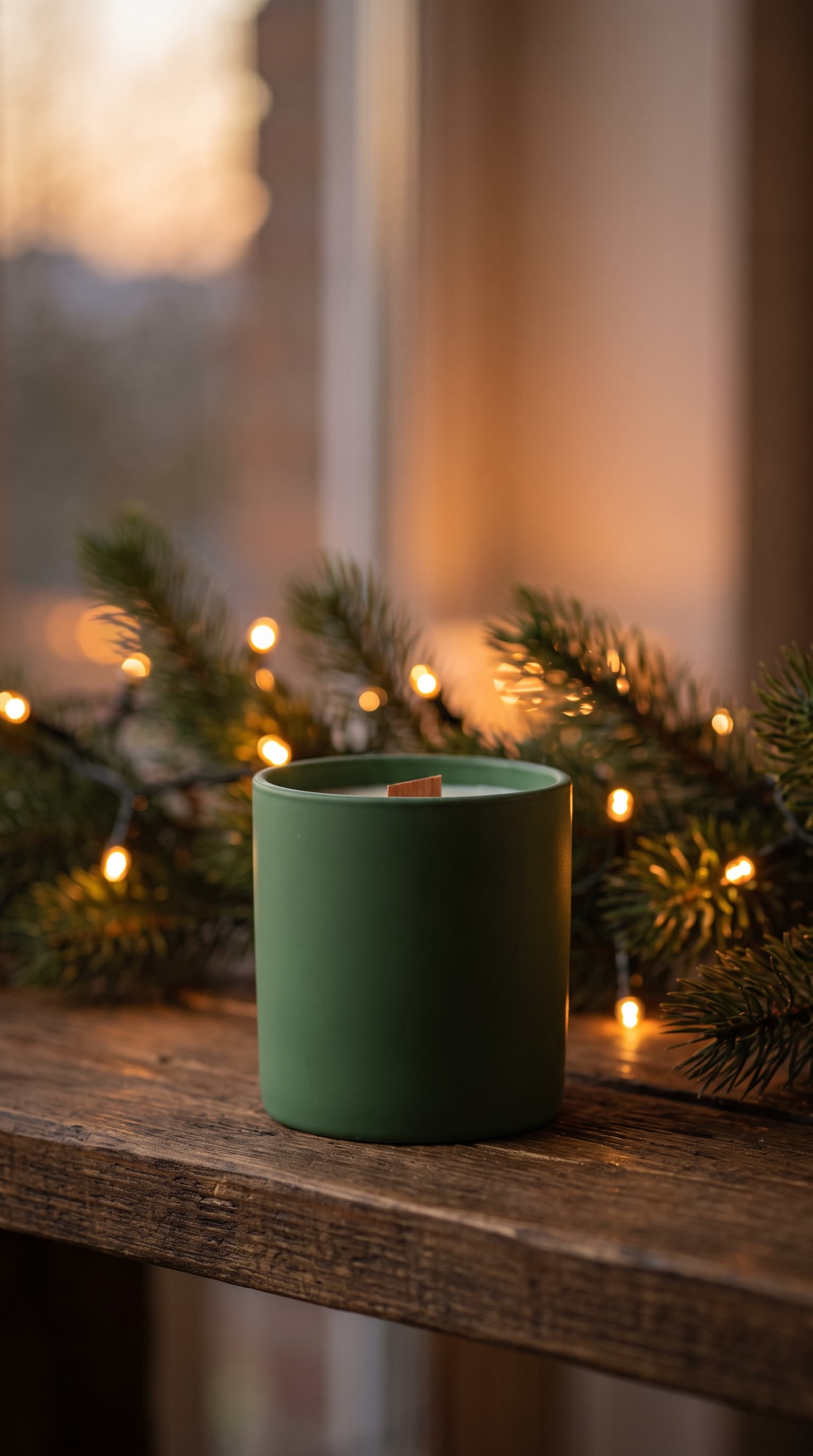 Unbranded ceramic candle on a wooden shelf with warm bokeh lights in a vertical frame