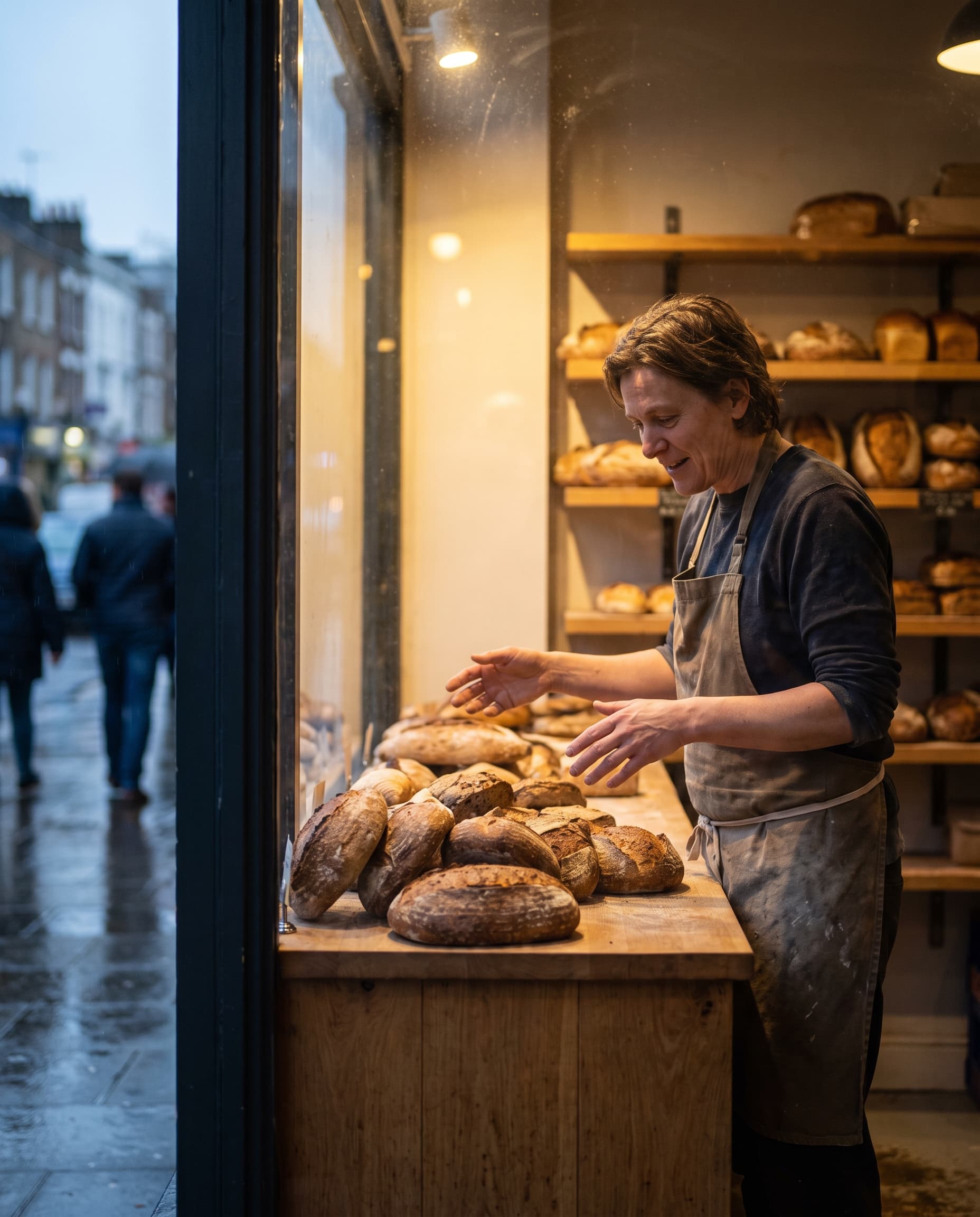A small bakery owner arranging fresh bread on the counter in warm interior light