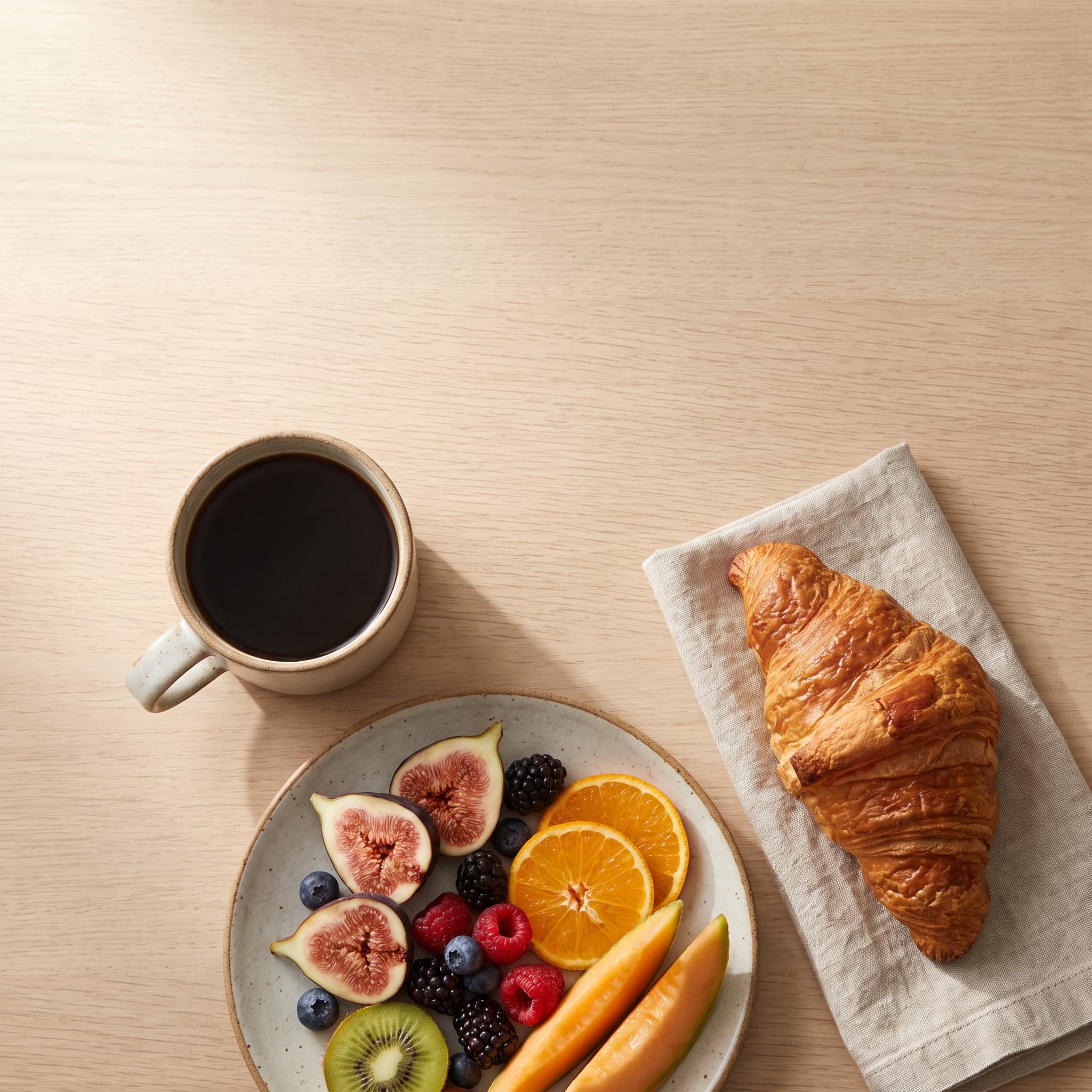 Overhead breakfast flat lay with coffee, fruit and pastries on a pale oak table