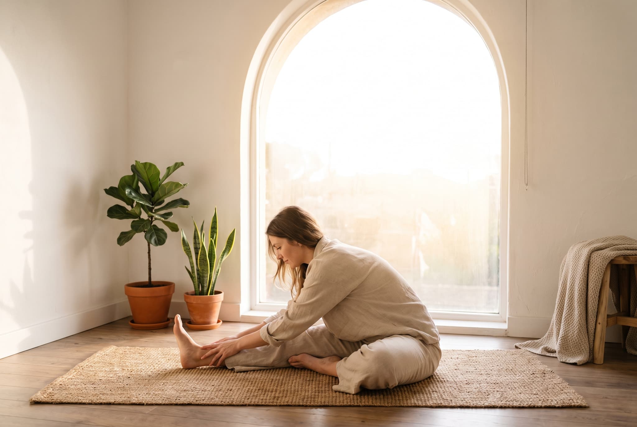 A woman stretching on a yoga mat beside a sunlit window in a calm neutral room