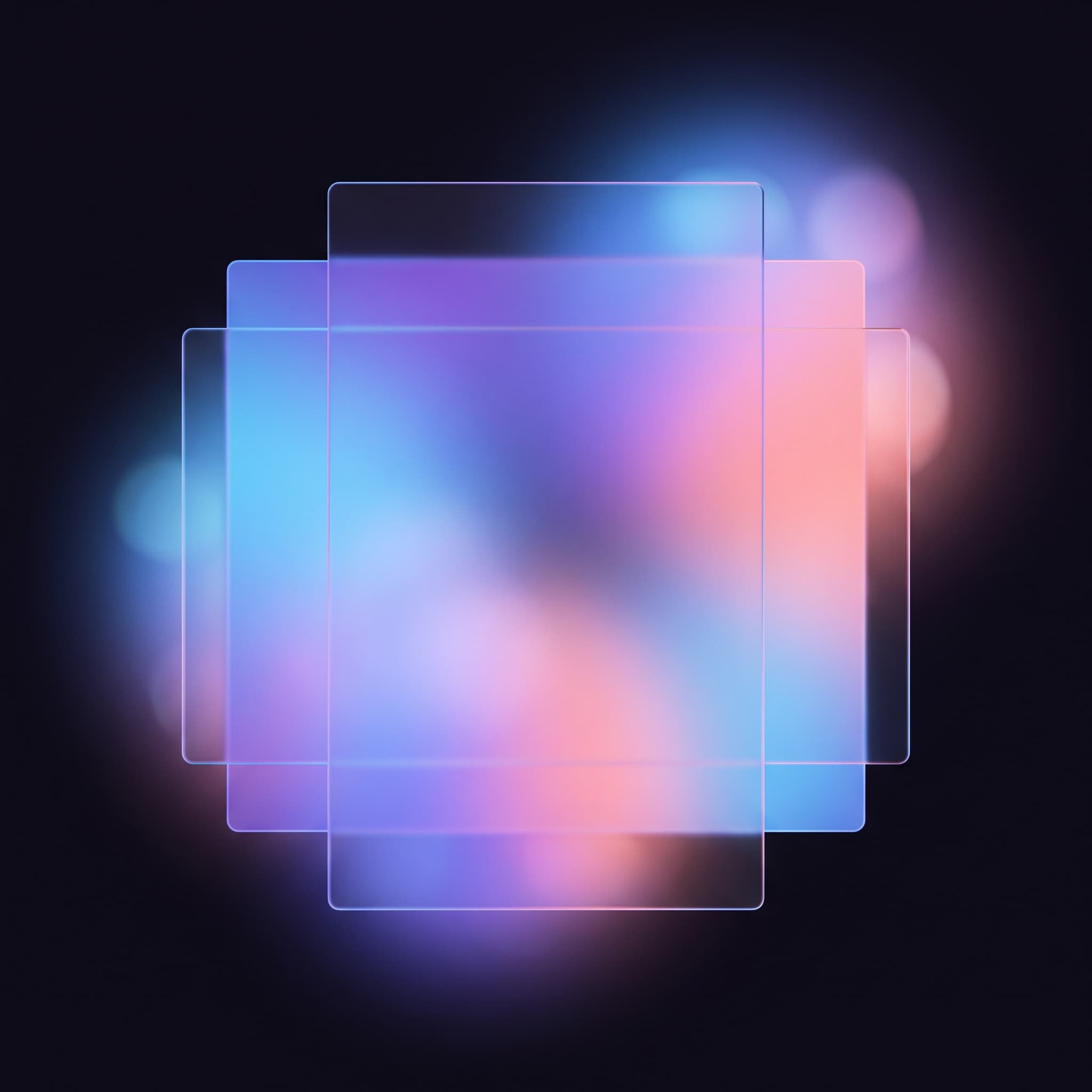 Stacked translucent glass panels glowing blue and coral, square AI wallpaper
