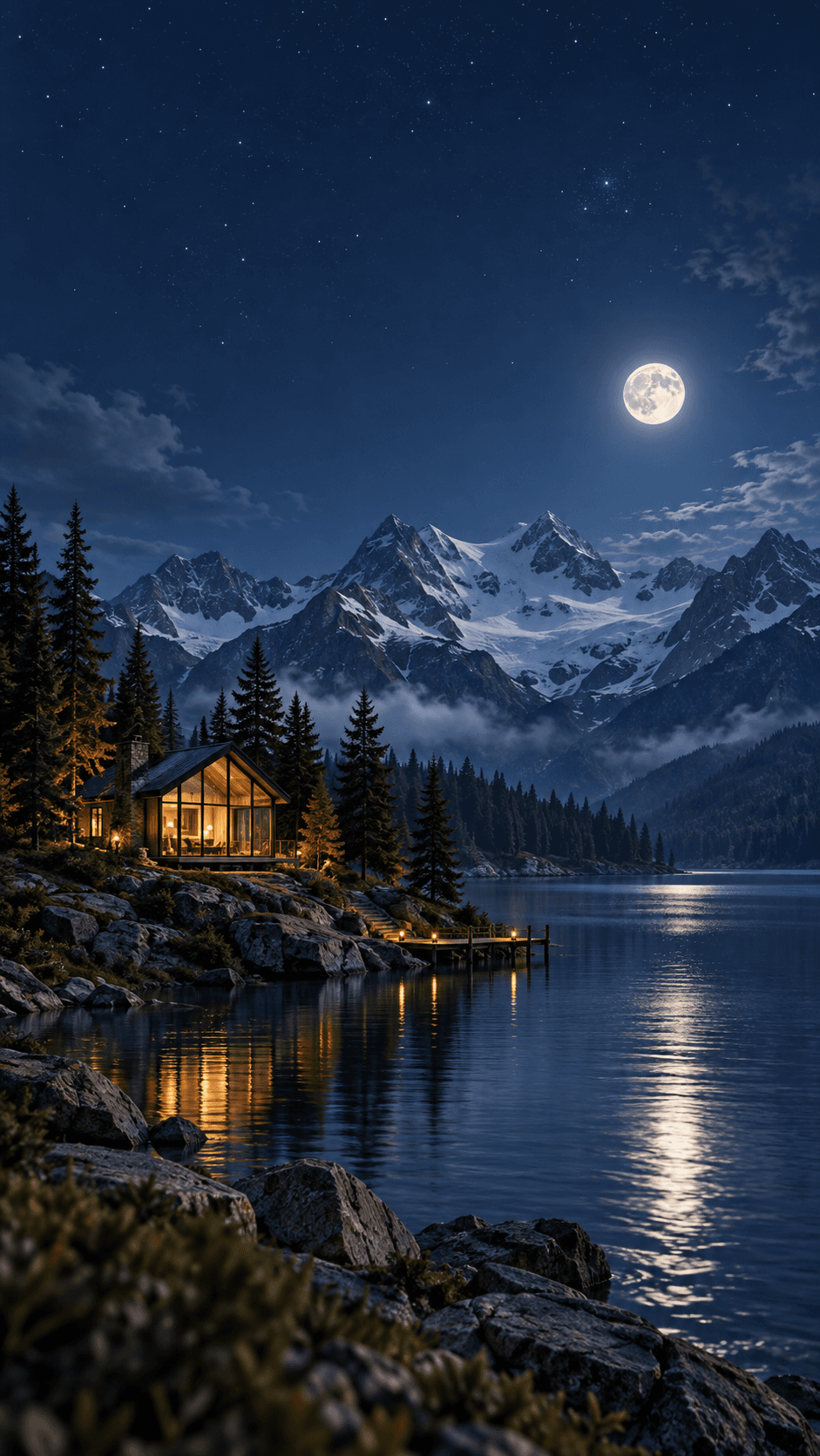 Moonlit alpine lake and illuminated cabin AI phone wallpaper