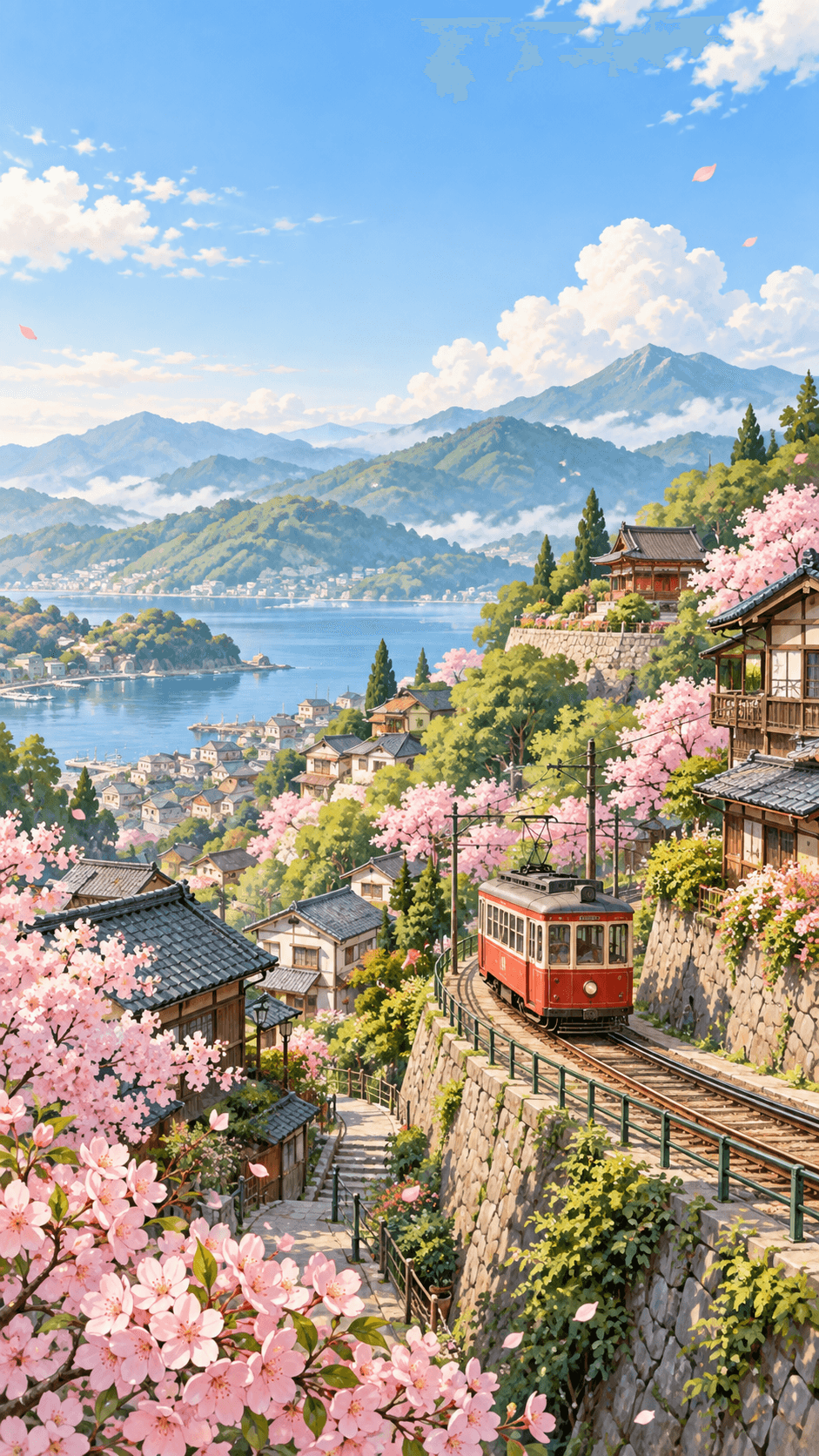 Spring hillside village and red tram illustrated phone wallpaper