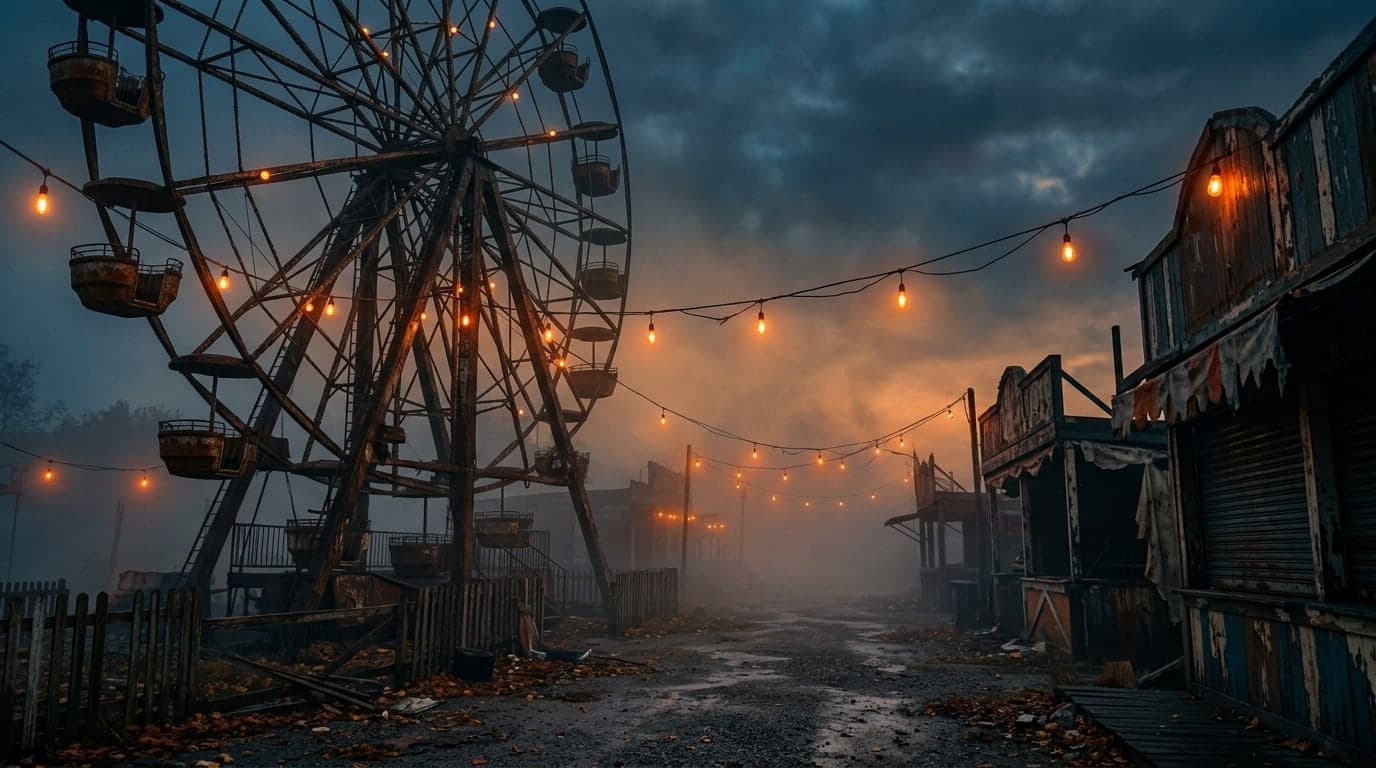 An empty vintage carnival with a rusted Ferris wheel, orange lamps and rolling fog