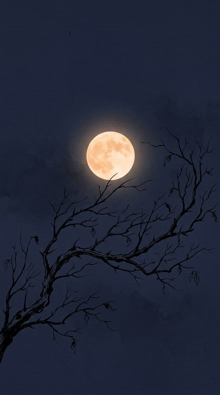 A pale orange moon and a bare branch on a dark navy background, minimalist ink illustration