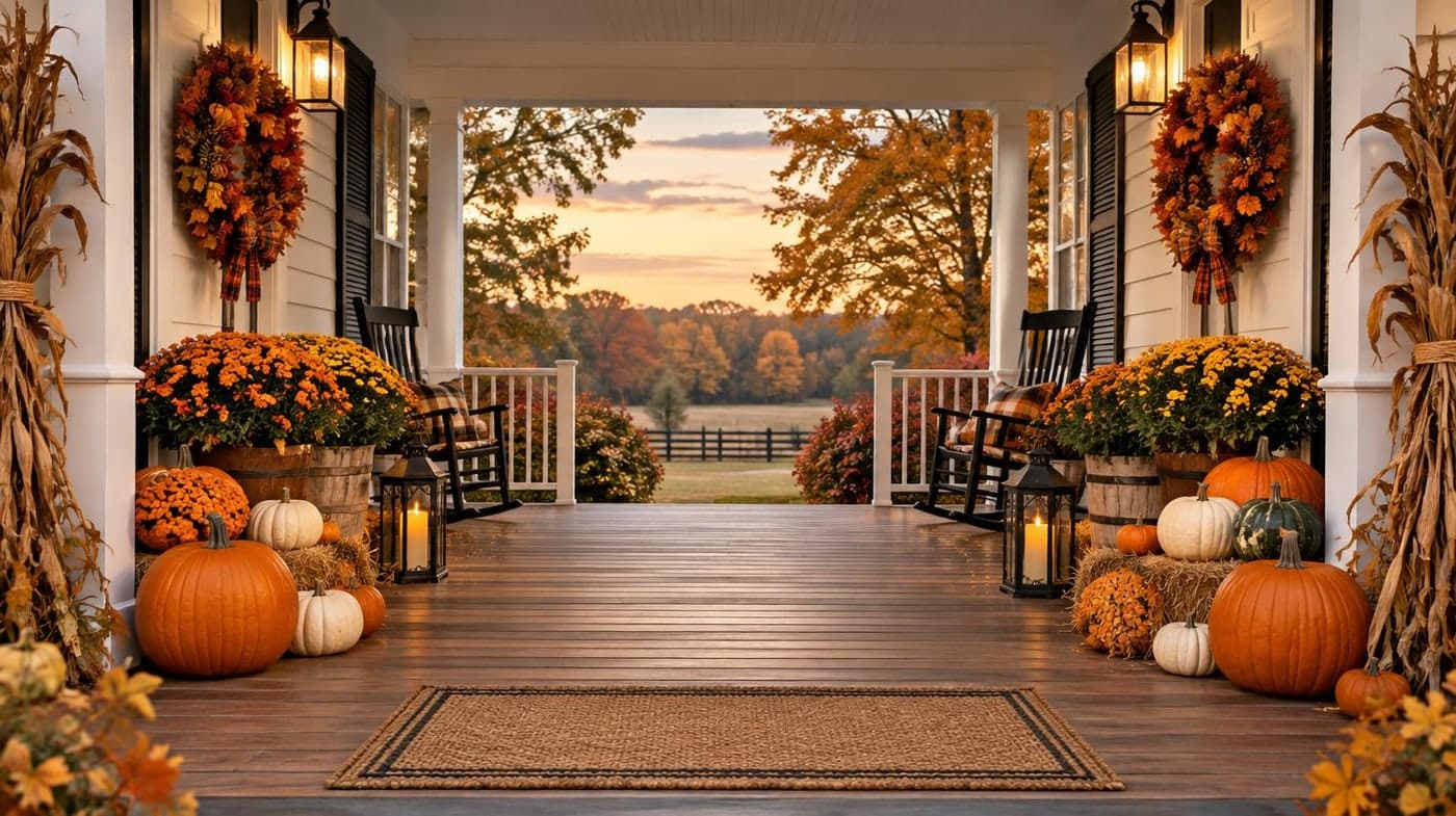 A farmhouse porch with autumn wreaths and pumpkins at the sides, open center, warm realistic photography