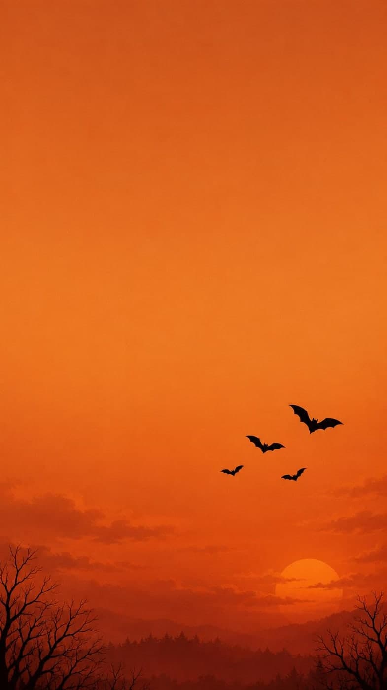 A tiny cluster of black bats across a dusty orange gradient, clean minimalist graphic illustration