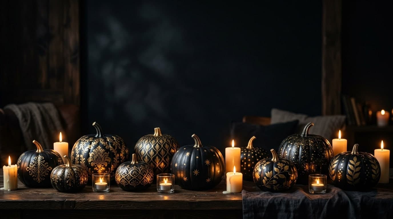 Elegant black and gold pumpkins with candlelight along the lower edge, dark clear space above