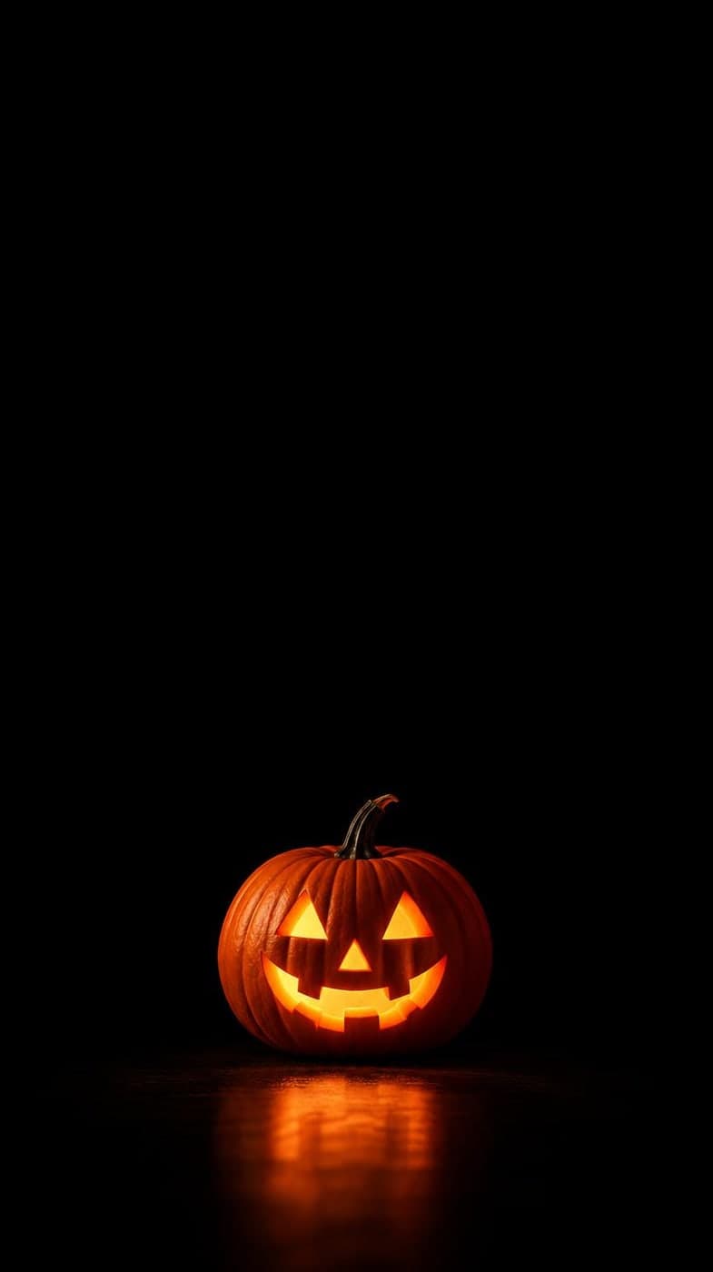 One small glowing orange jack-o-lantern in the lower third on pure black, minimalist studio photo