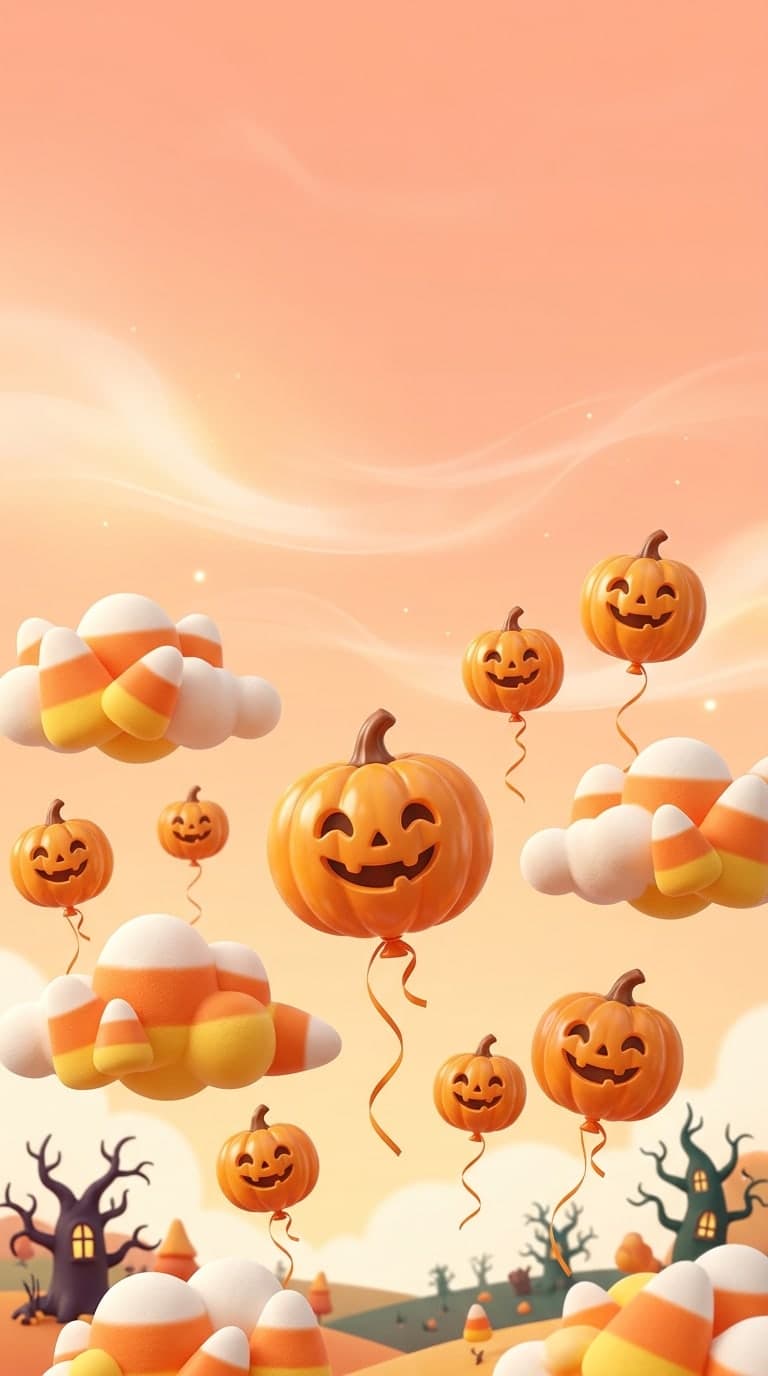 Candy corn clouds and smiling pumpkin balloons floating in a peach sky, playful 3D illustration