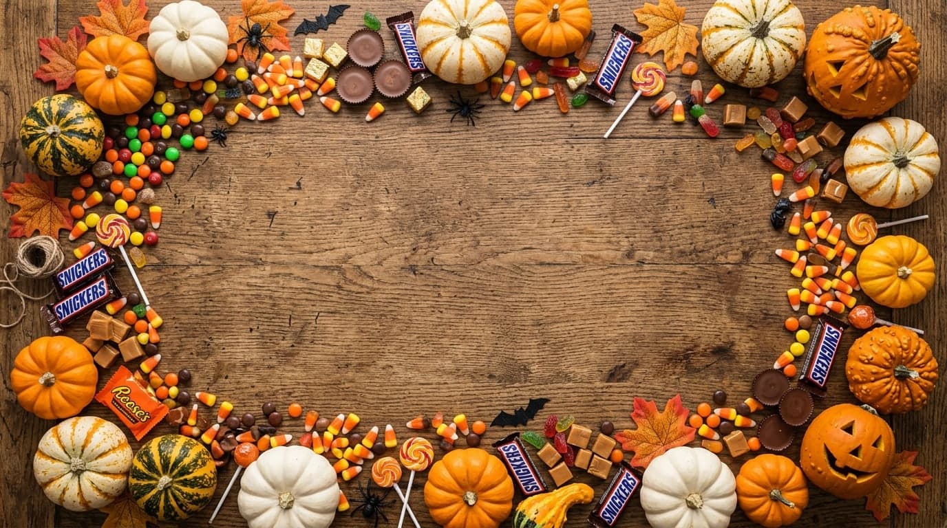 Halloween candy and pumpkins arranged on the edges of a wooden table viewed from above, empty central space