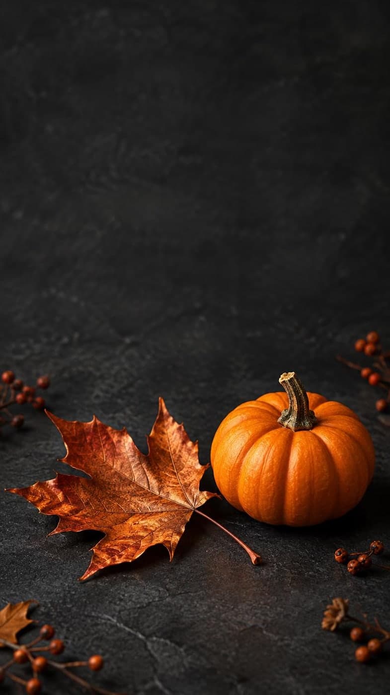 One copper autumn leaf next to a tiny pumpkin on a charcoal surface, refined still life photo