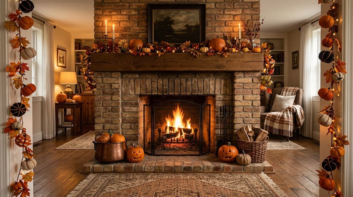 A warm brick fireplace with pumpkin garlands at the frame edges, open middle foreground