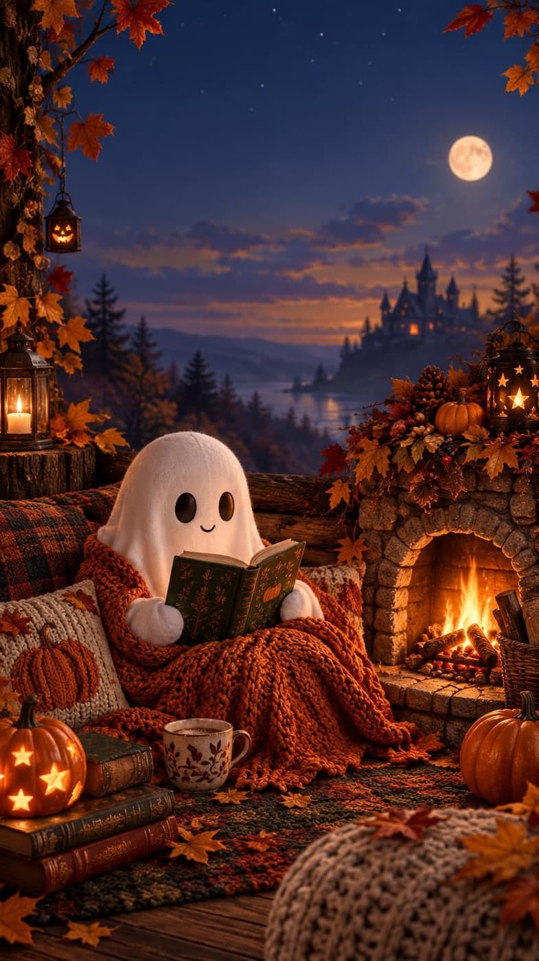A friendly ghost reading beside a tiny fireplace with autumn leaves, knitted textures
