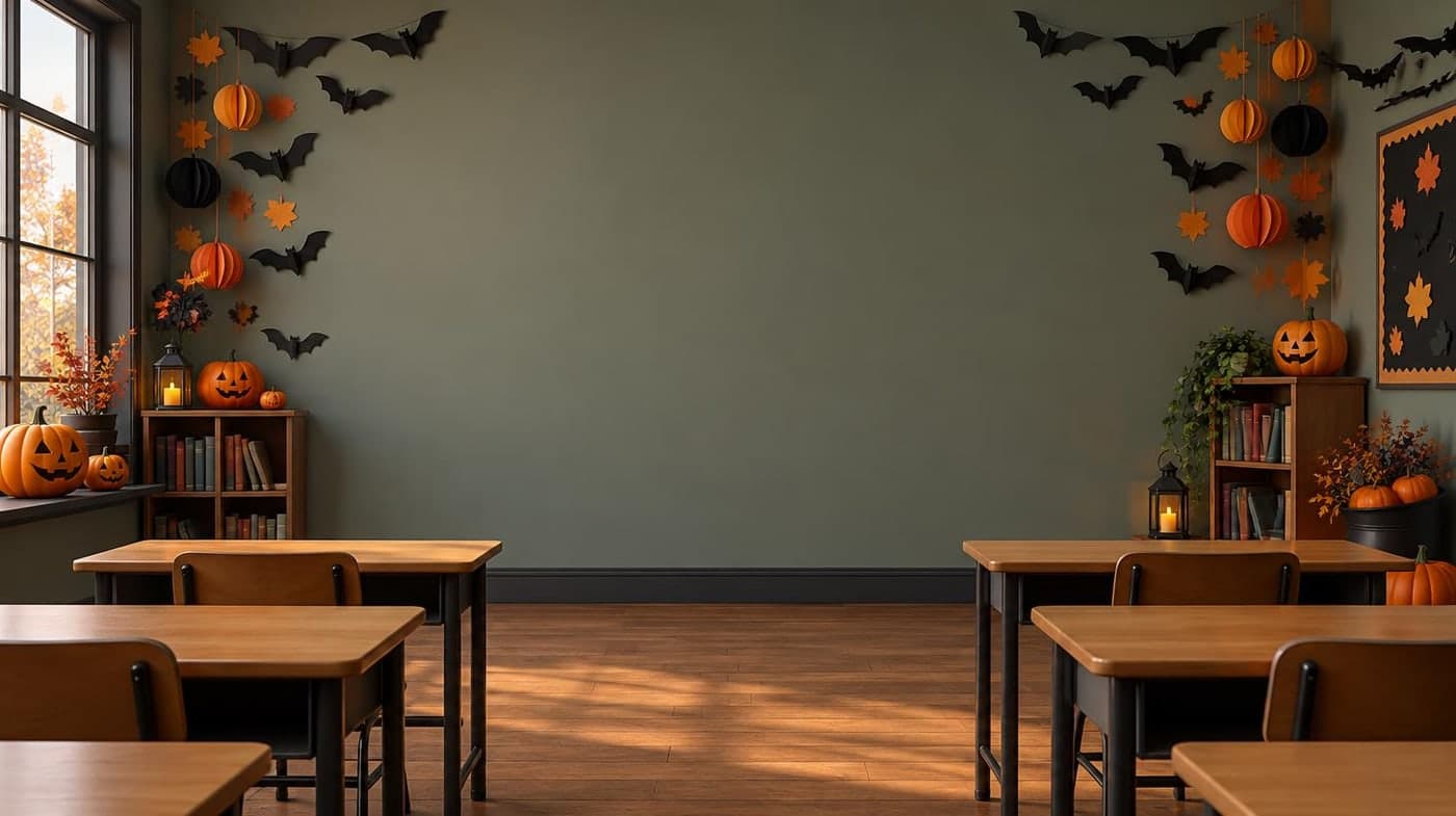 An empty whimsical classroom with paper bats and pumpkin decorations at the sides, clear central wall