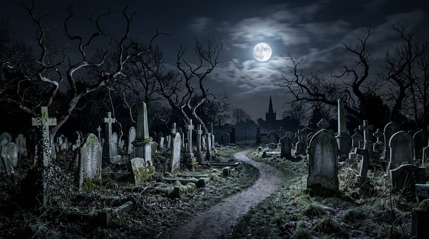 Weathered gravestones and crooked trees in silver moonlight, atmospheric photographic landscape