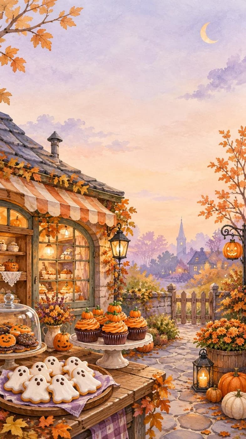 A tiny cozy bakery with ghost-shaped cookies and pumpkin cupcakes, pastel watercolor