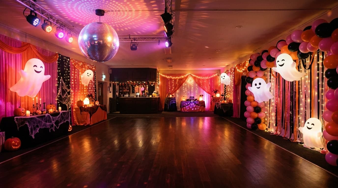 A silver disco ball and cheerful ghosts at the edges of a pink Halloween party scene, empty center