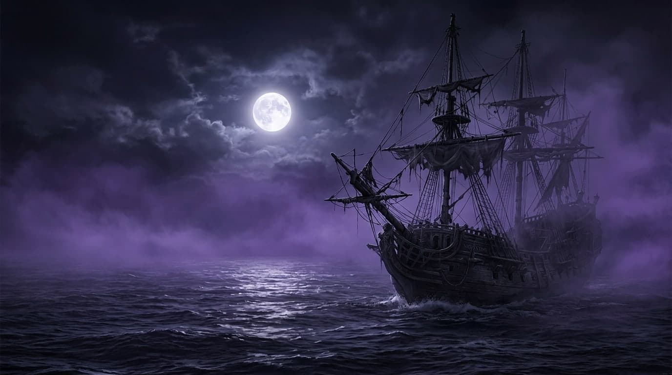 An abandoned sailing ship emerging from violet sea fog beneath a full moon