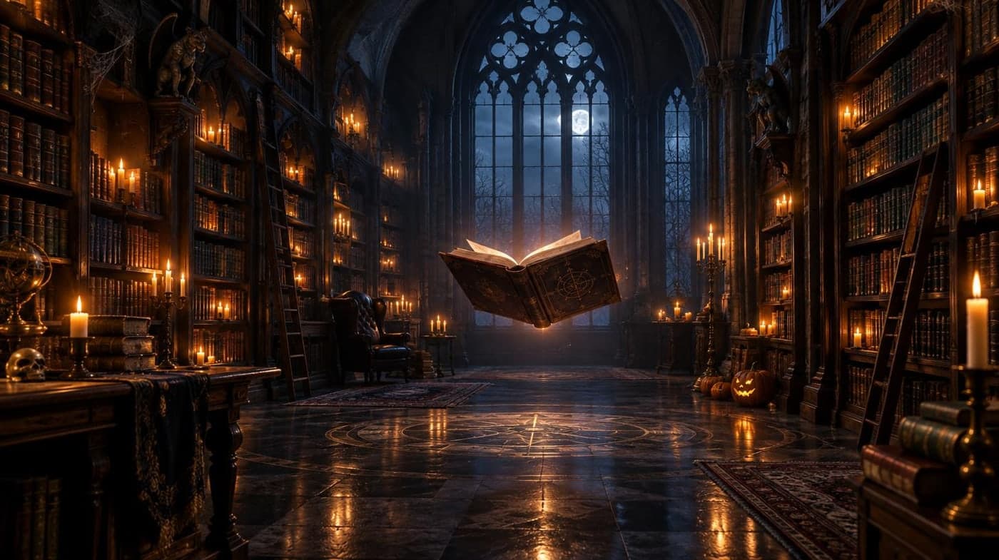 An empty gothic library with candlelit shelves and a floating open book, realistic cinematic interior