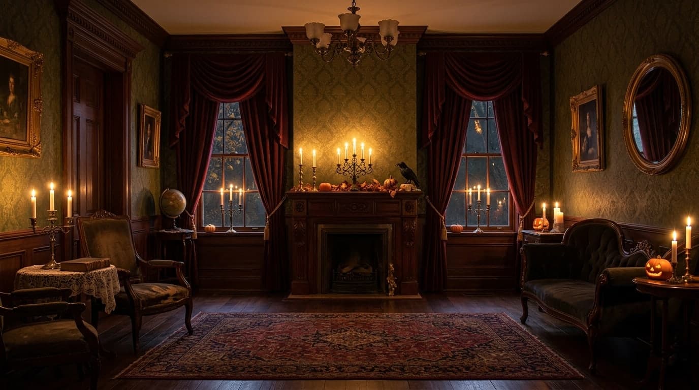 An empty Victorian parlor with burgundy curtains and distant candlelight, open center for a video call