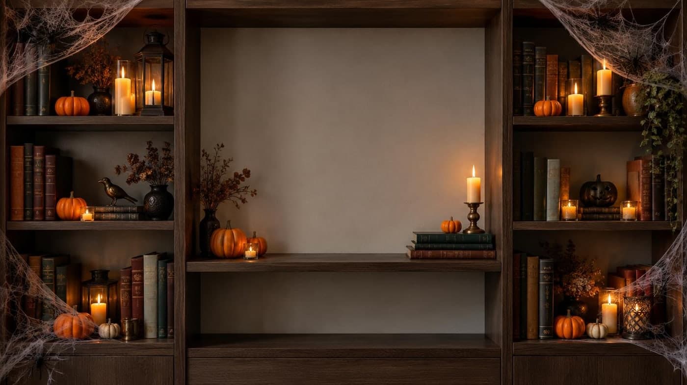 A bookcase with tiny pumpkins, candles and cobweb corners, neutral center, realistic interior photo