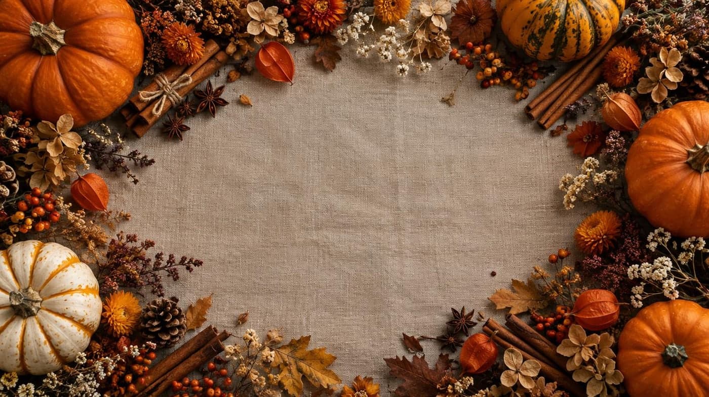 Autumn pumpkins, cinnamon and dried flowers framing a rustic linen surface, empty center, editorial photography