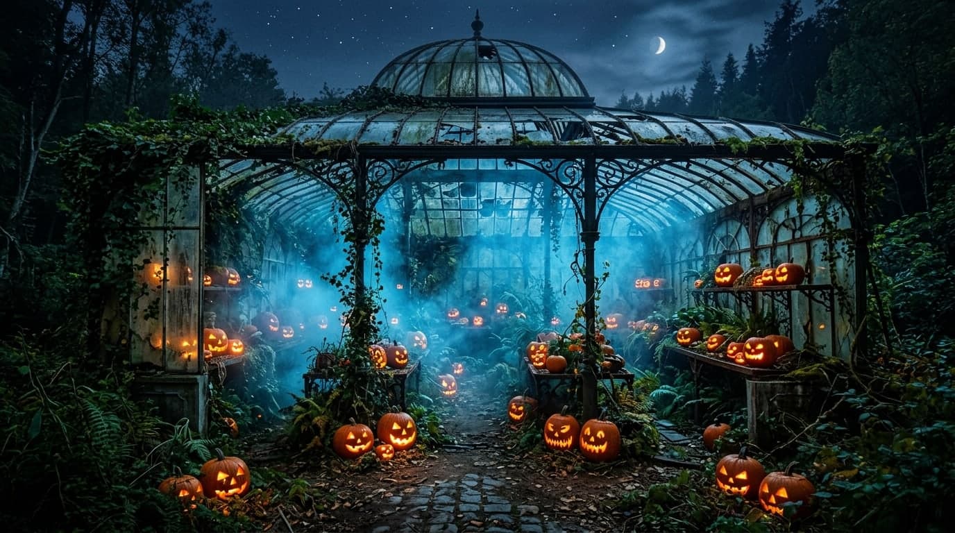 An overgrown Victorian greenhouse filled with glowing pumpkins and spectral blue mist