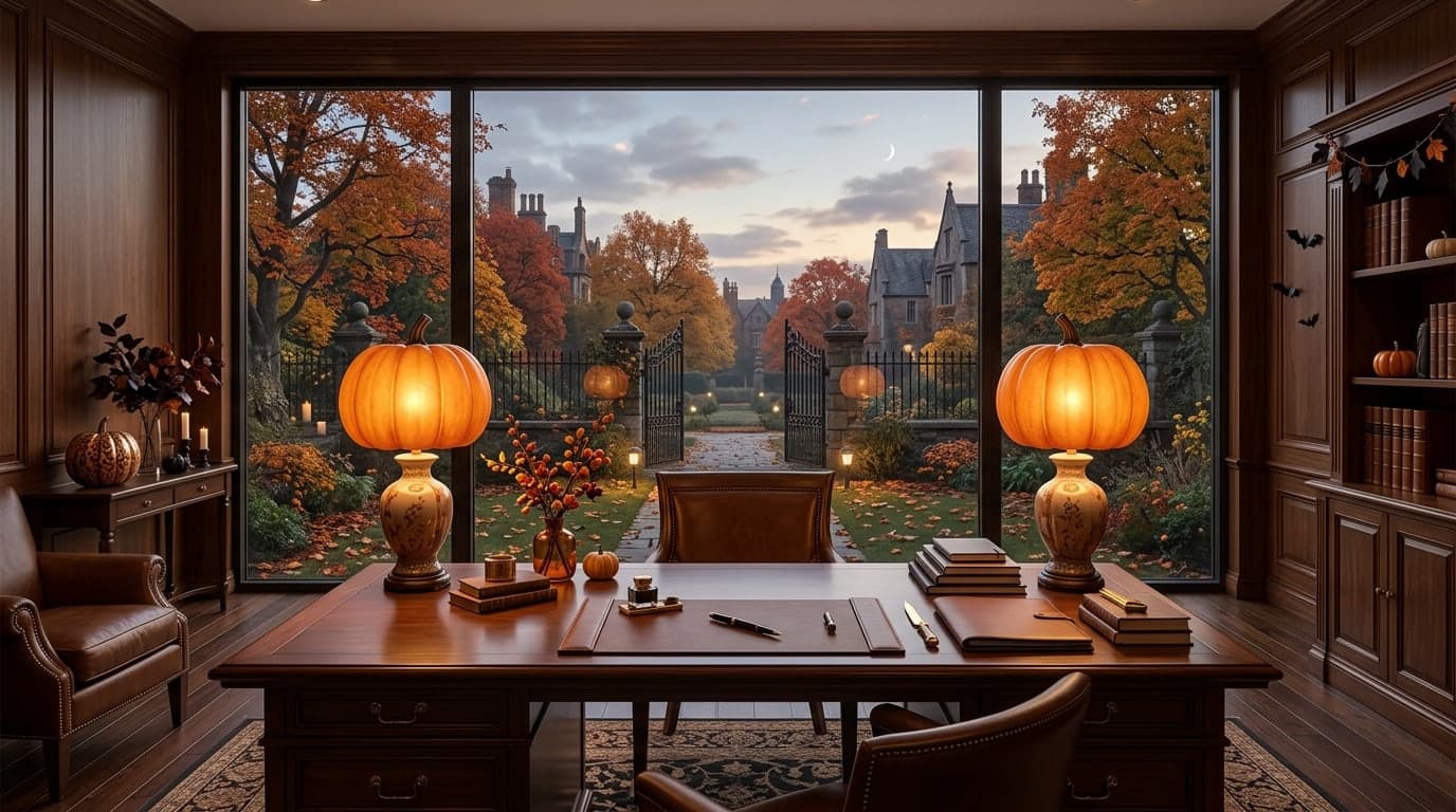 An elegant office with subtle Halloween decor, pumpkin desk lamps at the sides and open central wall