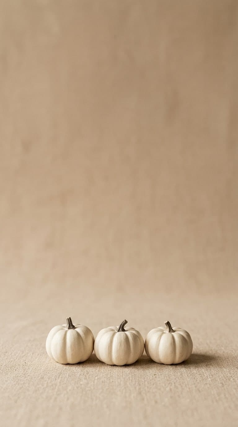 Three tiny ivory pumpkins at the bottom of a warm beige seamless backdrop, editorial photo