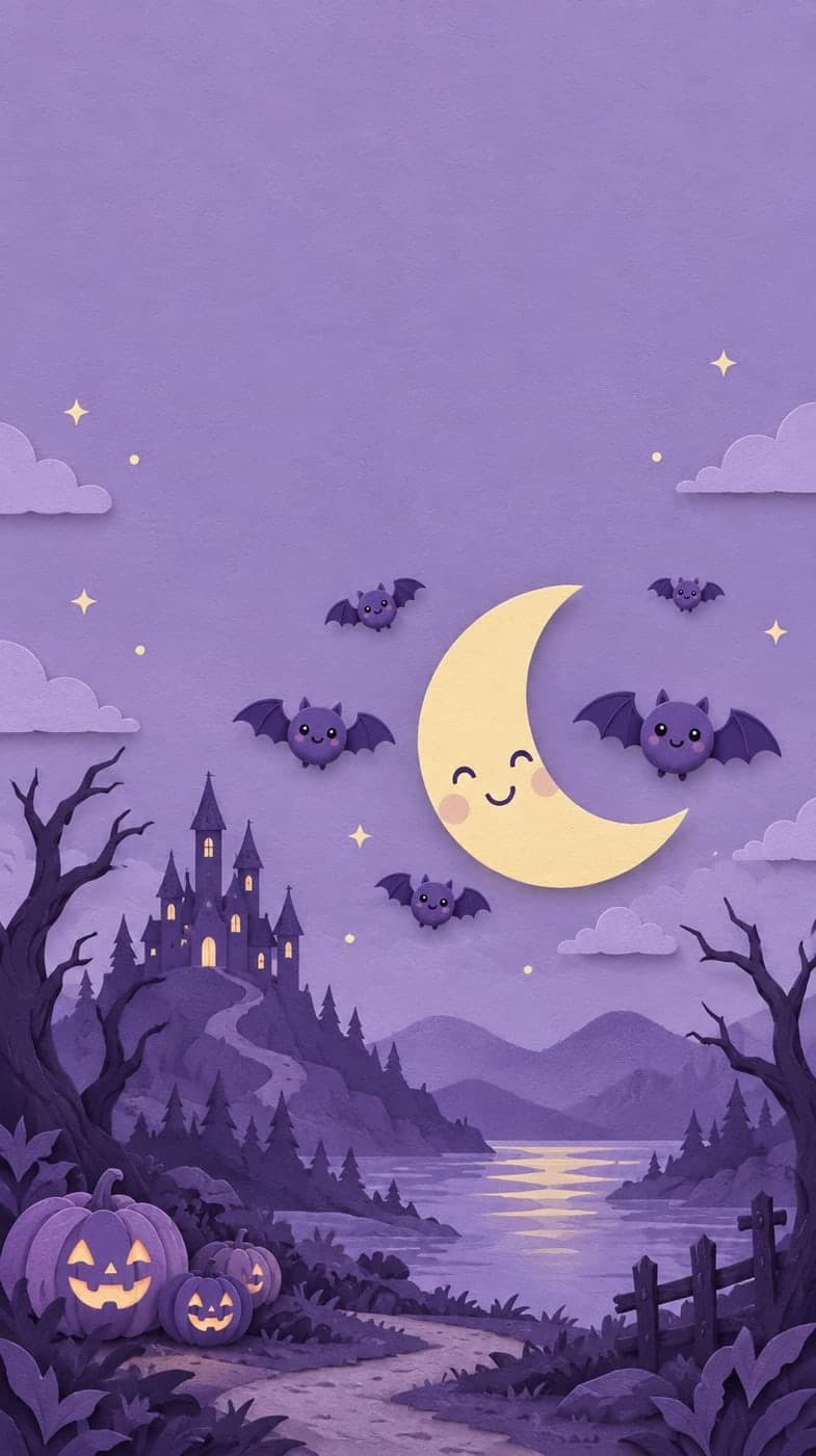 Tiny round bats flying around a smiling crescent moon, lavender paper cut illustration