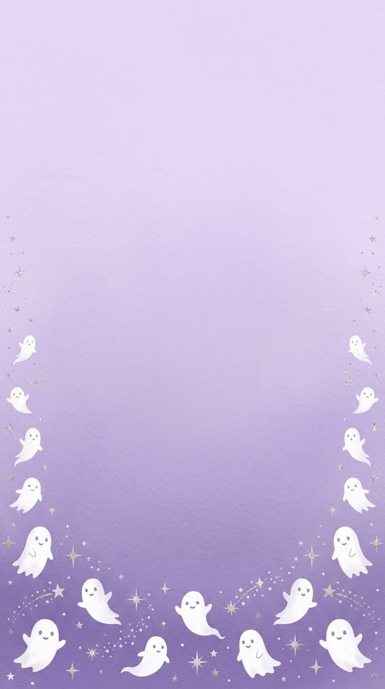 Small white ghost silhouettes and sparse silver stars at the edges of a lavender background