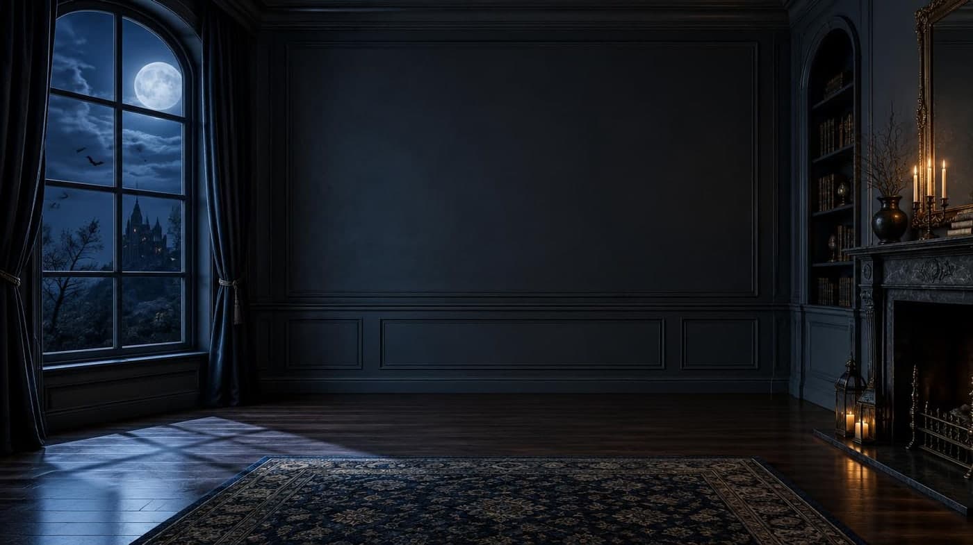 An empty elegant room with a moonlit window and distant bats, quiet central wall, realistic interior photo