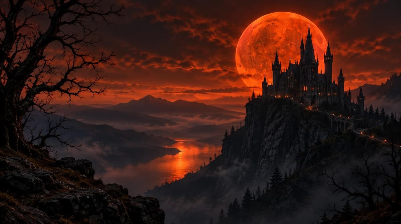 A distant gothic castle on a cliff silhouetted against a blood orange moon