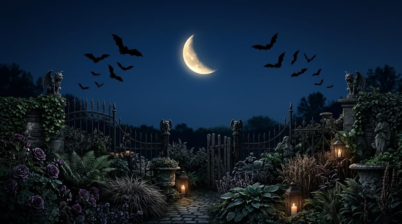 A crescent moon and bat silhouettes above a gothic garden border, midnight blue clear central space