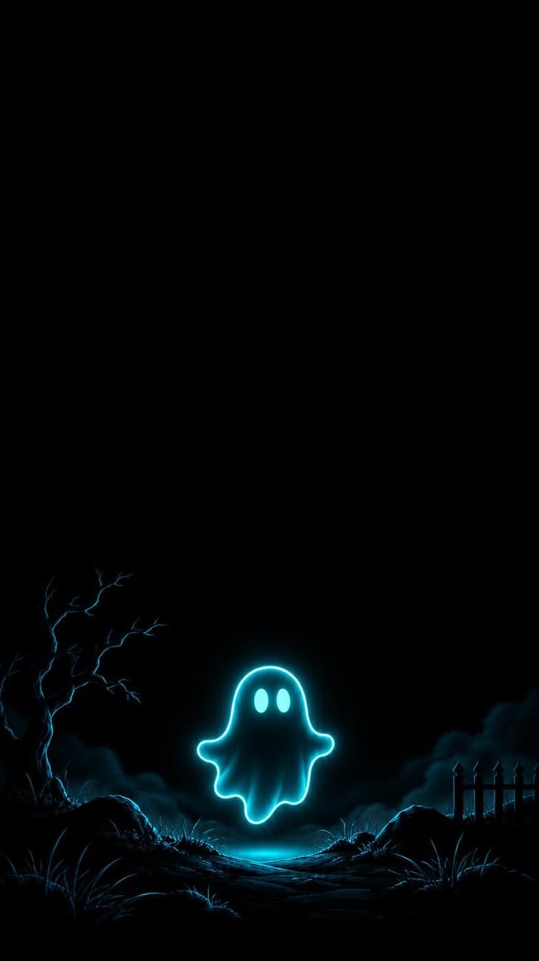 A small cyan neon ghost outline in the lower third against black, luminous minimalist illustration