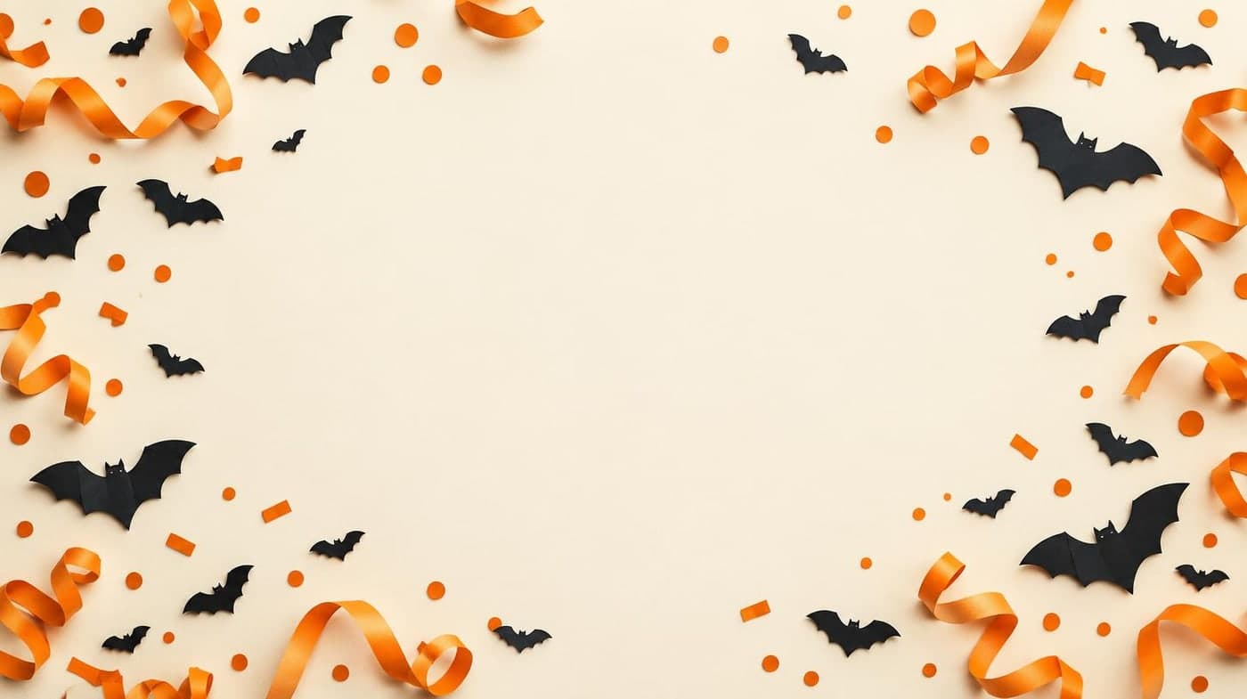 Black bat-shaped confetti and orange paper streamers around a cream background, clean central space