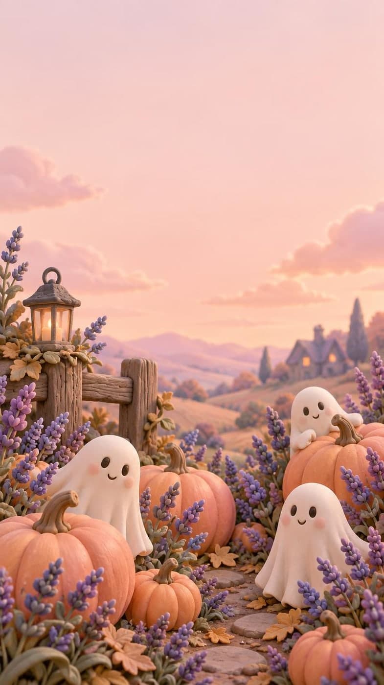 Friendly little sheet ghosts among peach pumpkins and lavender flowers, soft clay illustration, creamy pink sky