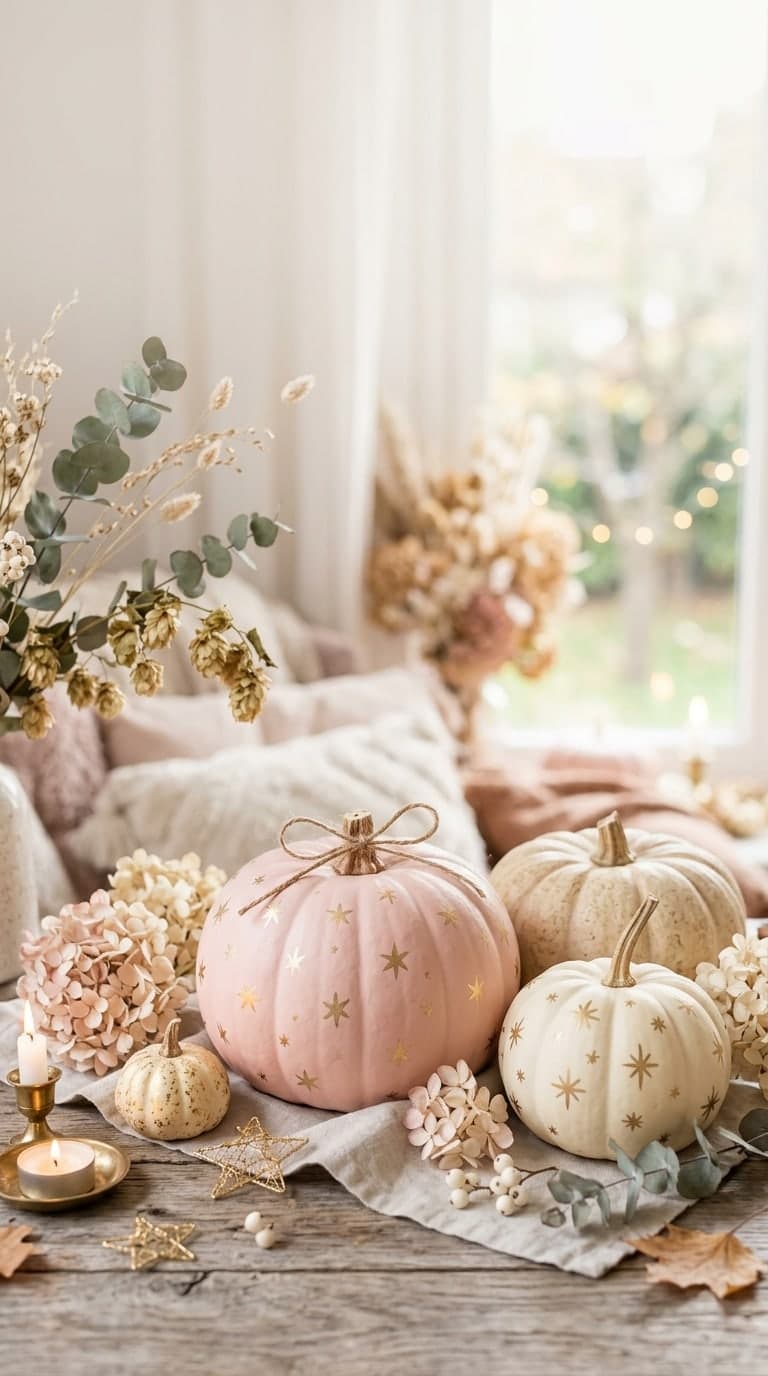 Blush pink and ivory pumpkins with delicate gold stars, elegant pastel still life