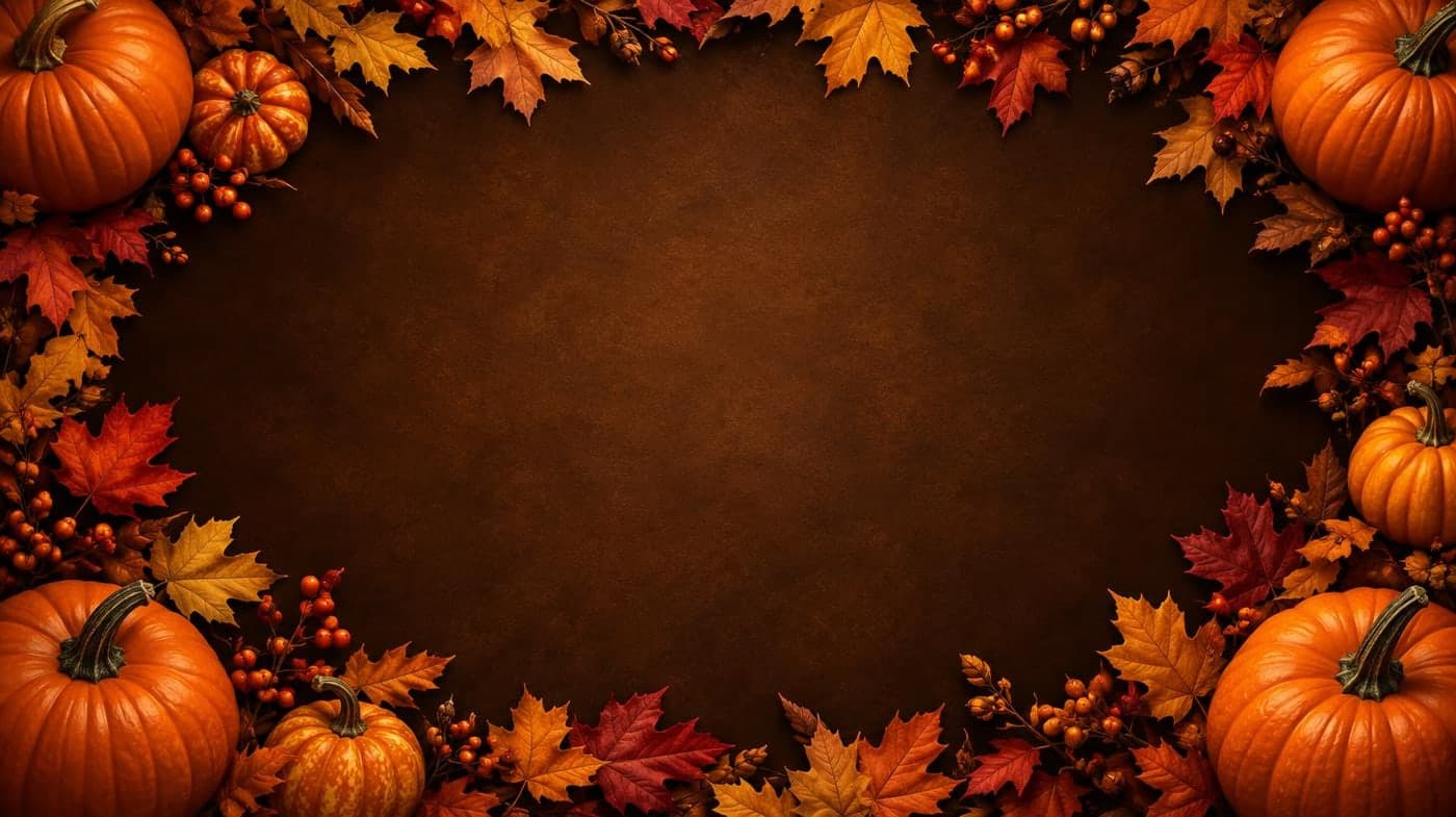A border of pumpkins and autumn leaves around a dark warm background, large empty center for invitation text