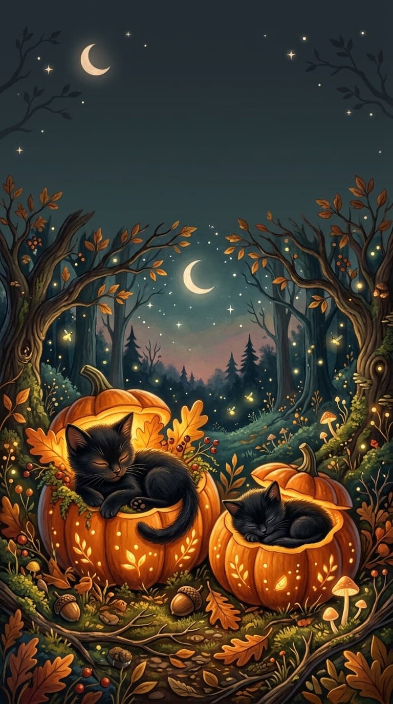 Black kittens curled inside glowing miniature pumpkins, warm storybook illustration