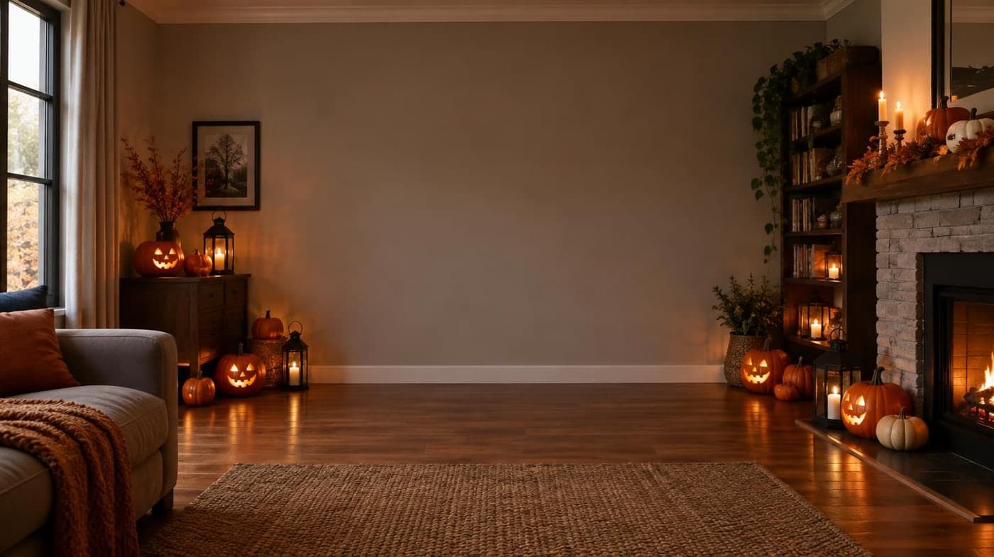 A cozy empty living room with Halloween pumpkins around the room edges, an uncluttered central wall, realistic interior photo