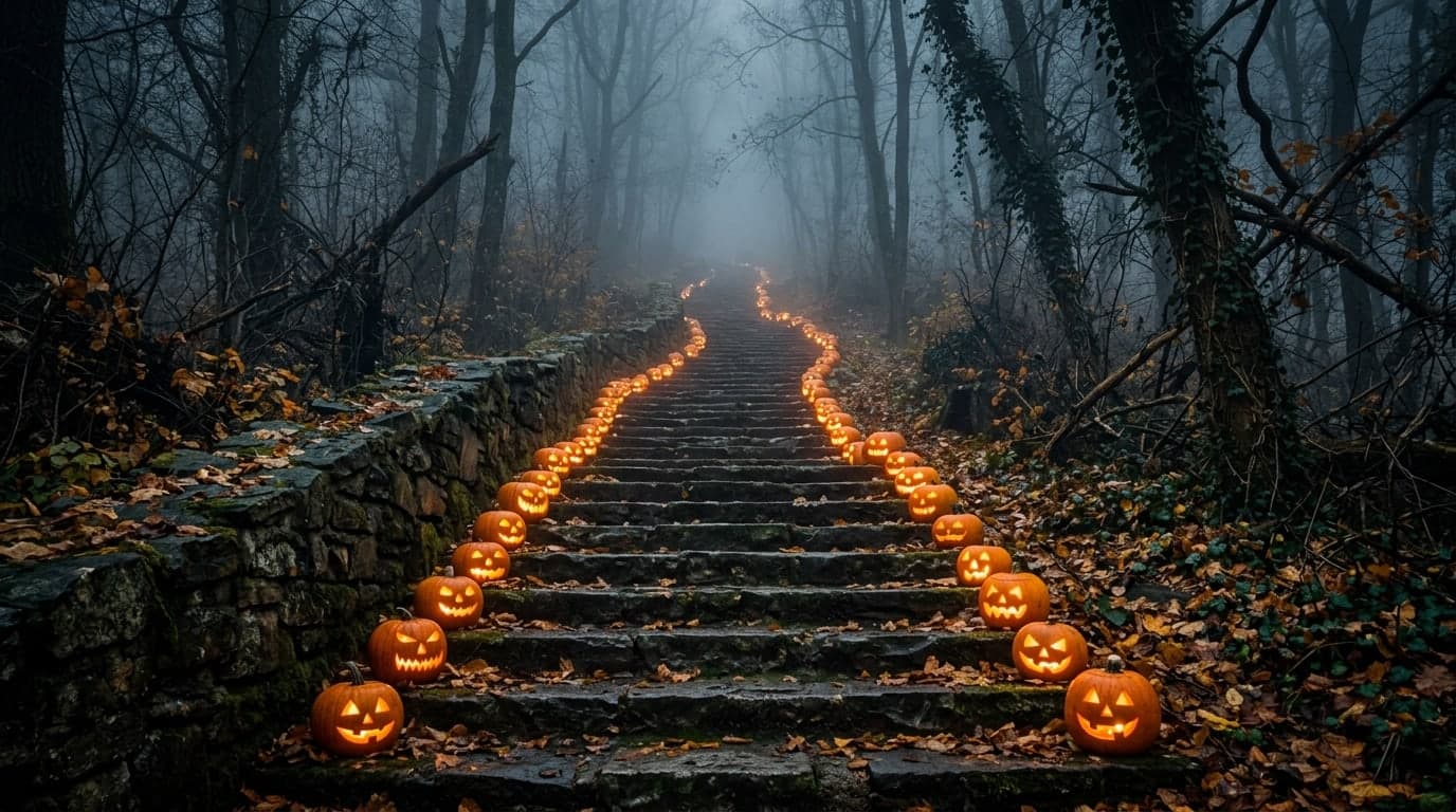 An ancient stone staircase lined with glowing jack-o-lanterns leading into mist